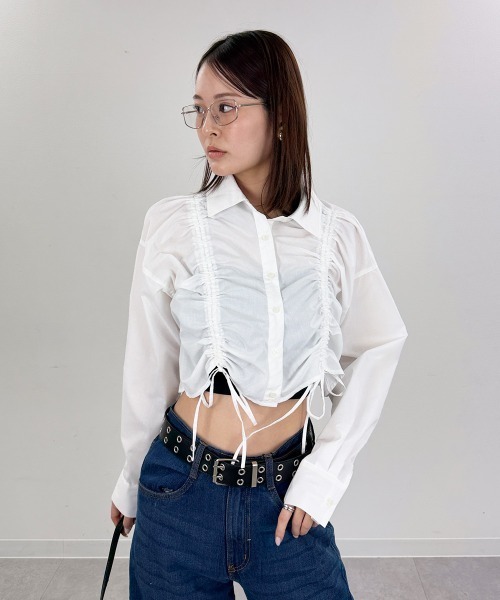 mellomela.（メロメラ）の「フロントシャーリングショート丈シャツ（シャツ/ブラウス・レディース・ホワイト系7/ブルー系3/サックスブルー/オフホワイト・FREE）」の5枚目の写真