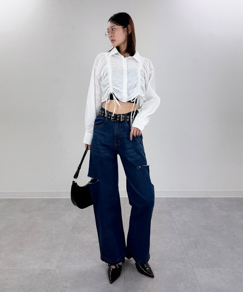 mellomela.（メロメラ）の「フロントシャーリングショート丈シャツ（シャツ/ブラウス・レディース・ホワイト系7/ブルー系3/サックスブルー/オフホワイト・FREE）」の17枚目の写真