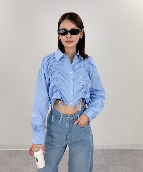 mellomela.（メロメラ）の「フロントシャーリングショート丈シャツ（シャツ/ブラウス・レディース・ホワイト系7/ブルー系3/サックスブルー/オフホワイト・FREE）」の11枚目の写真