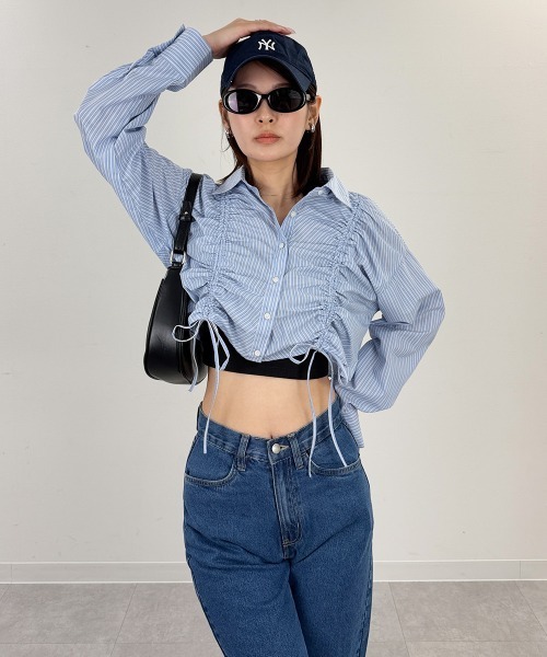 mellomela.（メロメラ）の「フロントシャーリングショート丈シャツ（シャツ/ブラウス・レディース・ホワイト系7/ブルー系3/サックスブルー/オフホワイト・FREE）」の14枚目の写真