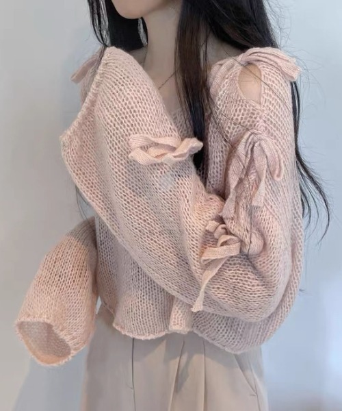 ViViDAY（ビビデー）の「袖リボン　透けショットニットプルオーバー（ニット/セーター・レディース・アイボリー/ピンク・M）」の2枚目の写真