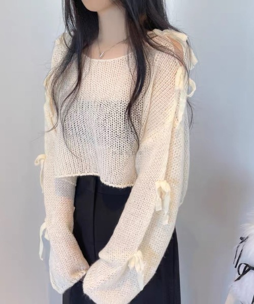 ViViDAY（ビビデー）の「袖リボン　透けショットニットプルオーバー（ニット/セーター・レディース・アイボリー/ピンク・M）」の8枚目の写真