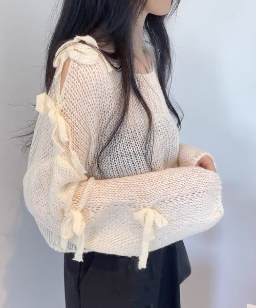 ViViDAY（ビビデー）の「袖リボン　透けショットニットプルオーバー（ニット/セーター・レディース・アイボリー/ピンク・M）」の9枚目の写真