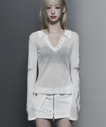 Rib Collar tattoo Long Sleeve Top (White)