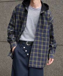 HOODED DRAWSTRING CHECKED SHIRT／フード付きドローコードチェックシャツ