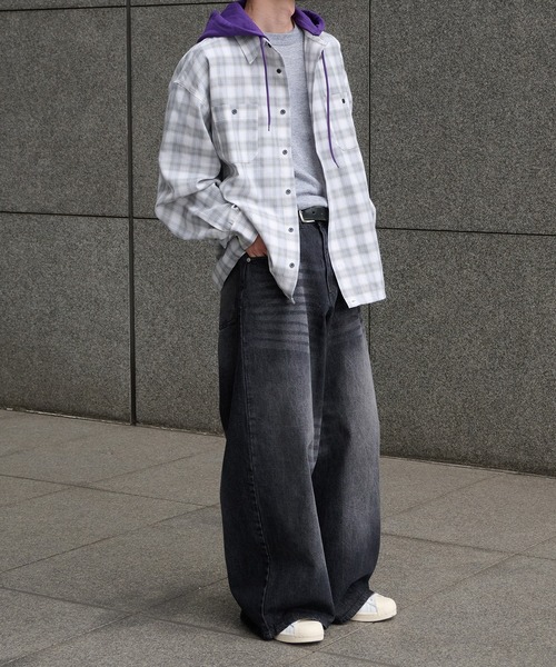 Perushu（ペルーシュ）の「HOODED DRAWSTRING CHECKED SHIRT／フード付きドローコードチェックシャツ（シャツ/ブラウス・メンズ・ホワイト系その他/ネイビー系・LARGE/MEDIUM）」の15枚目の写真