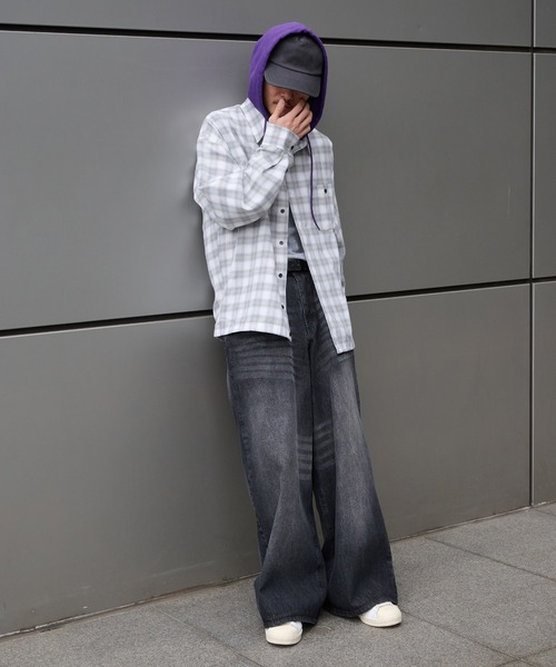 Perushu（ペルーシュ）の「HOODED DRAWSTRING CHECKED SHIRT／フード付きドローコードチェックシャツ（シャツ/ブラウス・メンズ・ホワイト系その他/ネイビー系・LARGE/MEDIUM）」の11枚目の写真
