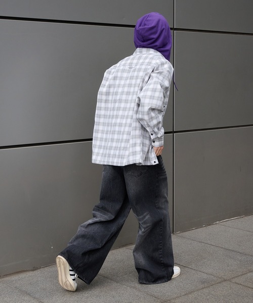Perushu（ペルーシュ）の「HOODED DRAWSTRING CHECKED SHIRT／フード付きドローコードチェックシャツ（シャツ/ブラウス・メンズ・ホワイト系その他/ネイビー系・LARGE/MEDIUM）」の12枚目の写真