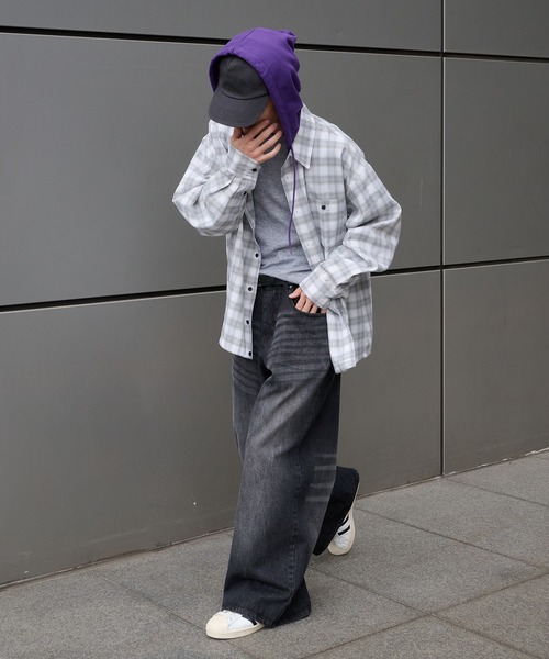 Perushu（ペルーシュ）の「HOODED DRAWSTRING CHECKED SHIRT／フード付きドローコードチェックシャツ（シャツ/ブラウス・メンズ・ホワイト系その他/ネイビー系・LARGE/MEDIUM）」の13枚目の写真