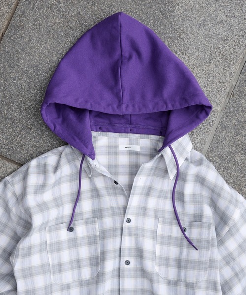 Perushu（ペルーシュ）の「HOODED DRAWSTRING CHECKED SHIRT／フード付きドローコードチェックシャツ（シャツ/ブラウス・メンズ・ホワイト系その他/ネイビー系・LARGE/MEDIUM）」の21枚目の写真