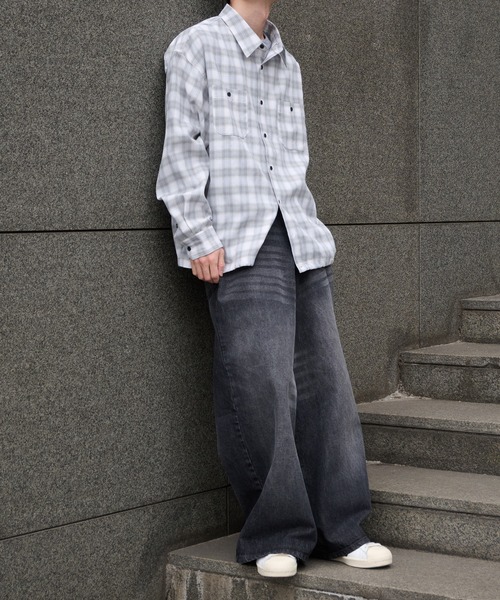 Perushu（ペルーシュ）の「HOODED DRAWSTRING CHECKED SHIRT／フード付きドローコードチェックシャツ（シャツ/ブラウス・メンズ・ホワイト系その他/ネイビー系・LARGE/MEDIUM）」の16枚目の写真