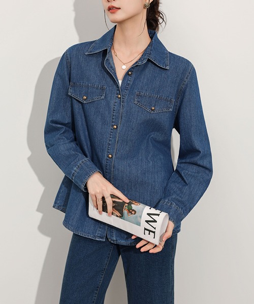 2ly2(トゥーリートゥー)の「デニムシャツ レディース 長袖 羽織り ゆったり カジュアル トップス(シャツ/ブラウス・レディース・ライトブルー/ダークブルー・FREE)」の15枚目の写真