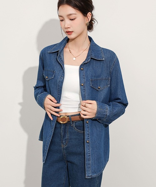 2ly2(トゥーリートゥー)の「デニムシャツ レディース 長袖 羽織り ゆったり カジュアル トップス(シャツ/ブラウス・レディース・ライトブルー/ダークブルー・FREE)」の17枚目の写真