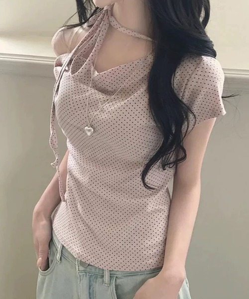 CELENA BEATS(セレナビーツ)の「ドット柄 アシンメトリー ワンショルダー トップス(Tシャツ/カットソー・レディース・ブラック/ピンク/ホワイト・FREE)」の11枚目の写真