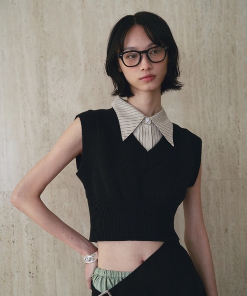 SOEMIN(ソミン)の「Shirt layered knit vest/シャツレイヤードニットベスト(タンクトップ・レディース・ネイビー/ベージュ/ブラック・FREE)」の18枚目の写真