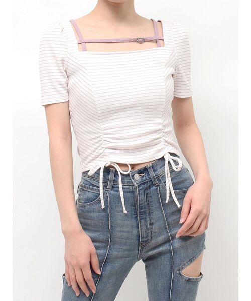 EATME(イートミー)の「ベルテッドドロストボーダーリブTOP(Tシャツ/カットソー・レディース・グレー/ラベンダー/オフホワイト・FREE)」の3枚目の写真