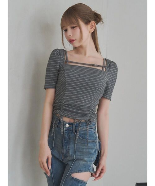 EATME(イートミー)の「ベルテッドドロストボーダーリブTOP(Tシャツ/カットソー・レディース・グレー/ラベンダー/オフホワイト・FREE)」の2枚目の写真
