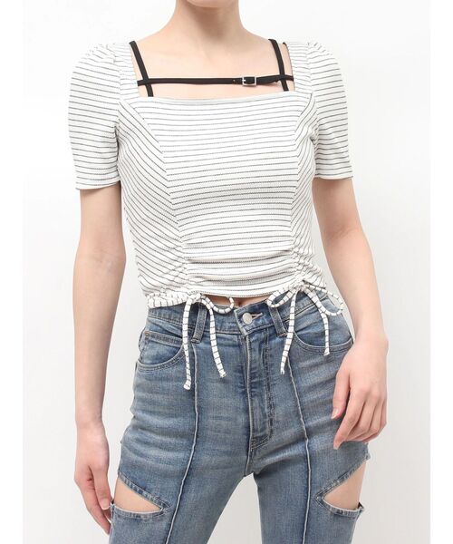 EATME(イートミー)の「ベルテッドドロストボーダーリブTOP(Tシャツ/カットソー・レディース・グレー/ラベンダー/オフホワイト・FREE)」の1枚目の写真
