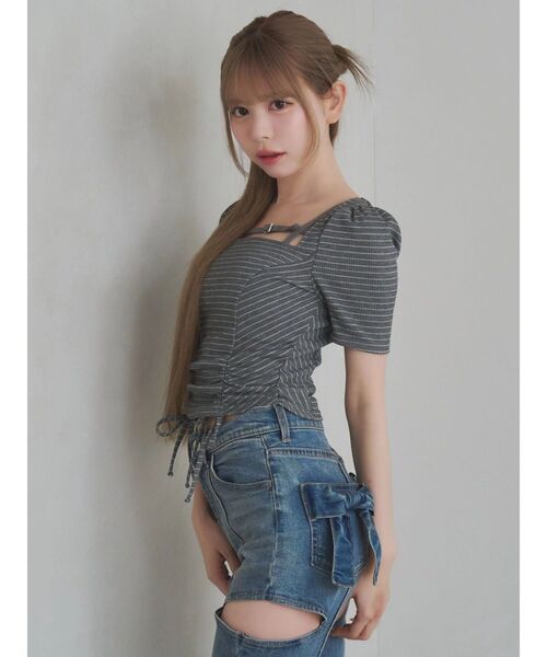 EATME(イートミー)の「ベルテッドドロストボーダーリブTOP(Tシャツ/カットソー・レディース・グレー/ラベンダー/オフホワイト・FREE)」の5枚目の写真