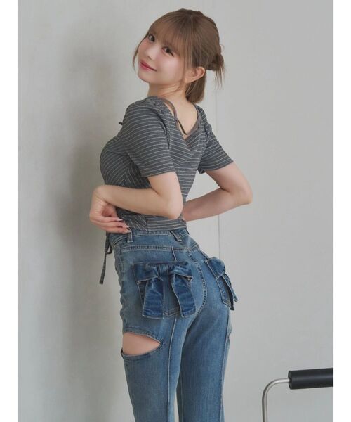EATME(イートミー)の「ベルテッドドロストボーダーリブTOP(Tシャツ/カットソー・レディース・グレー/ラベンダー/オフホワイト・FREE)」の6枚目の写真