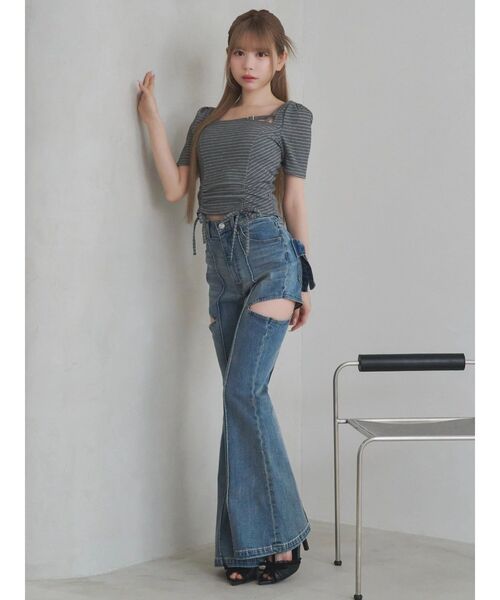 EATME(イートミー)の「ベルテッドドロストボーダーリブTOP(Tシャツ/カットソー・レディース・グレー/ラベンダー/オフホワイト・FREE)」の7枚目の写真