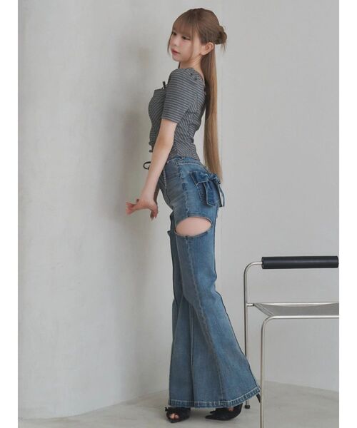 EATME(イートミー)の「ベルテッドドロストボーダーリブTOP(Tシャツ/カットソー・レディース・グレー/ラベンダー/オフホワイト・FREE)」の10枚目の写真