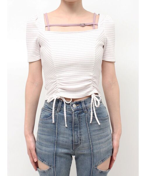 EATME(イートミー)の「ベルテッドドロストボーダーリブTOP(Tシャツ/カットソー・レディース・グレー/ラベンダー/オフホワイト・FREE)」の12枚目の写真