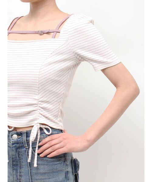EATME(イートミー)の「ベルテッドドロストボーダーリブTOP(Tシャツ/カットソー・レディース・グレー/ラベンダー/オフホワイト・FREE)」の16枚目の写真