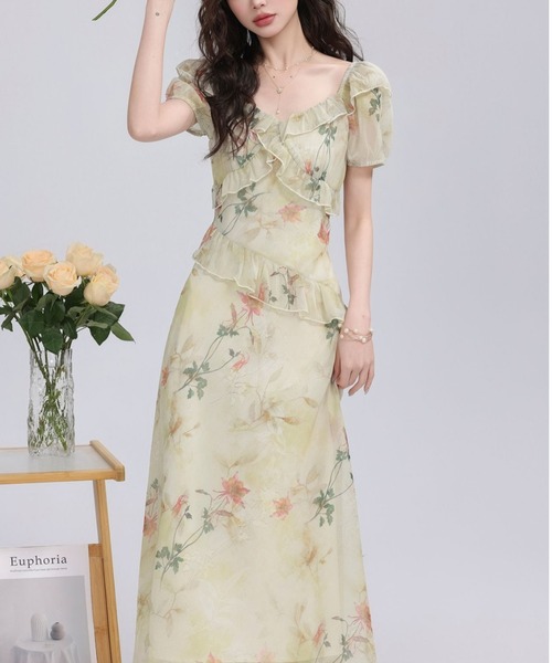 LUCPY(ラクピー)の「シアーフラワーパフスリーブロングワンピース(ワンピース・レディース・アイボリー・X-LARGE/LARGE/MEDIUM/SMALL)」の1枚目の写真