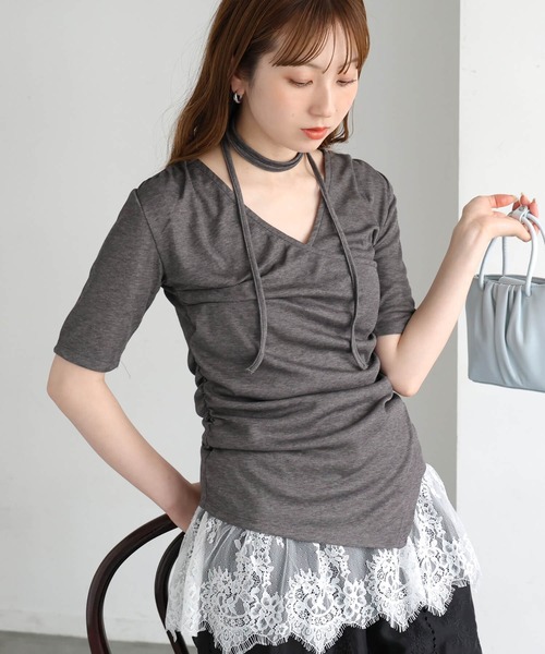 tiptop(ティップトップ)の「シアーテレコカシュクールプルオーバー(Tシャツ/カットソー・レディース・アイボリー/チャコールグレー・FREE)」の1枚目の写真