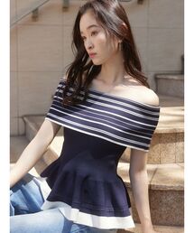 LAGUNAMOON | ボーダーペプラムオフショルニットプルオーバー 【夏服】(ニット/セーター)