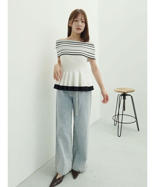 LAGUNAMOON（ラグナムーン）の「ボーダーペプラムオフショルニットプルオーバー 【夏服】（ニット/セーター・レディース・ホワイト/ネイビー・FREE）」の18枚目の写真