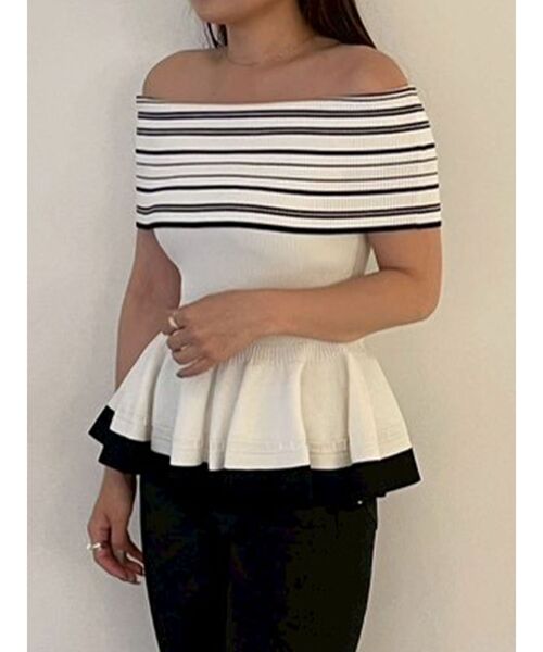 LAGUNAMOON（ラグナムーン）の「ボーダーペプラムオフショルニットプルオーバー 【夏服】（ニット/セーター・レディース・ホワイト/ネイビー・FREE）」の20枚目の写真