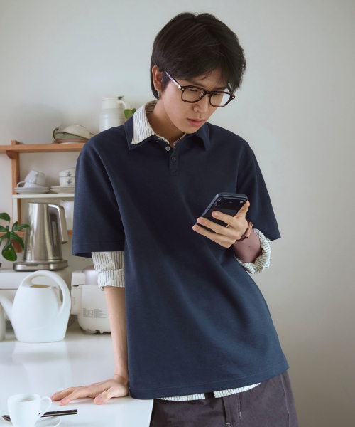 Airy cotton semi‑loose polo shirt — NAVY