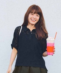 リブ イン コンフォート ぐいーっと伸びる 華やかレースがほどよく映える 衿付きトップス
