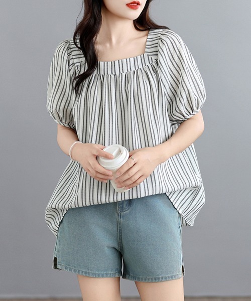 ONEP STAR（ワンピスター）の「ストライプスクエアネックパフスリーブブラウス（シャツ/ブラウス・レディース・ブラック/ブルー・LARGE/X-LARGE/XX-LARGE）」の12枚目の写真