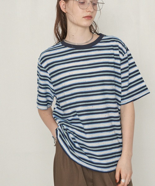 uchi.(ウチ)の「ネップボーダービッグシルエットTシャツ(Tシャツ/カットソー・レディース・ネイビー系/グリーン系その他・FREE)」の1枚目の写真