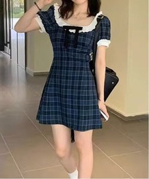 レースフリルリボンチェック柄ミニワンピース