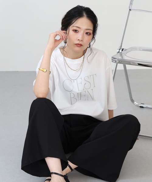 hunch（ハンチ）の「hunch 発泡ラメロゴカットソー 半端袖（Tシャツ/カットソー・レディース・グリーン/ダークブラウン/オフホワイト・FREE）」の6枚目の写真