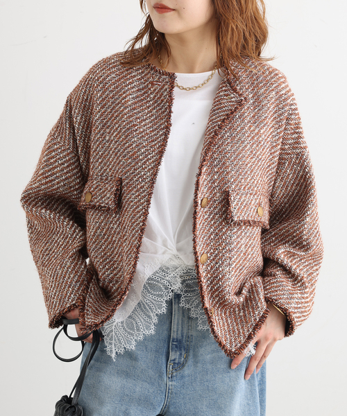 journal standard L'essage(ジャーナルスタンダードレサージュ)の「【一部店舗&WEB限定】GIOLICAツイードドルマンスリーブジャケット(キャメル)(ノーカラージャケット・レディース・キャメル・FREE)」の3枚目の写真