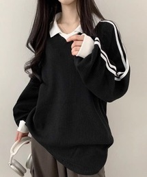 ポロカラー ラインスリーブロングスリーブトップス