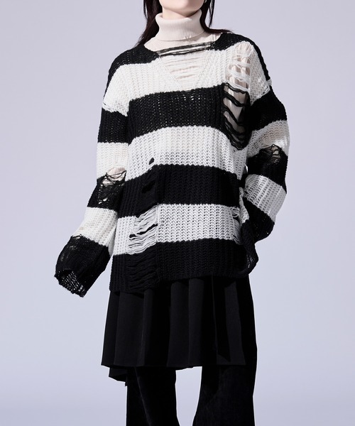 Ellno Loset(エルノロゼット)の「ダメージゆるボーダーニット(ニット/セーター・メンズ・オフホワイト/グレー・SMALL/LARGE/MEDIUM)」の20枚目の写真