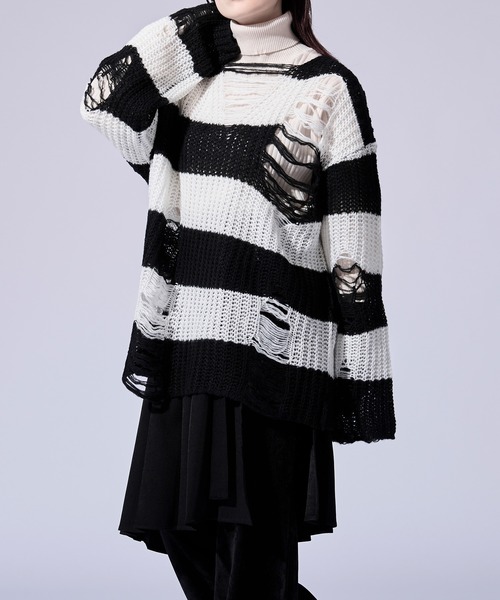 Ellno Loset(エルノロゼット)の「ダメージゆるボーダーニット(ニット/セーター・メンズ・オフホワイト/グレー・SMALL/LARGE/MEDIUM)」の21枚目の写真