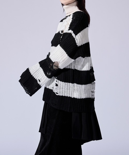 Ellno Loset(エルノロゼット)の「ダメージゆるボーダーニット(ニット/セーター・メンズ・オフホワイト/グレー・SMALL/LARGE/MEDIUM)」の22枚目の写真