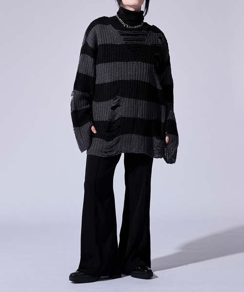 Ellno Loset(エルノロゼット)の「ダメージゆるボーダーニット(ニット/セーター・メンズ・オフホワイト/グレー・SMALL/LARGE/MEDIUM)」の15枚目の写真