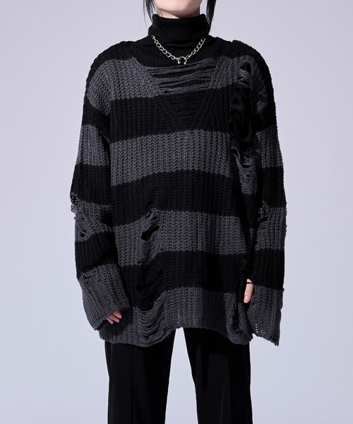 Ellno Loset(エルノロゼット)の「ダメージゆるボーダーニット(ニット/セーター・メンズ・オフホワイト/グレー・SMALL/LARGE/MEDIUM)」の7枚目の写真