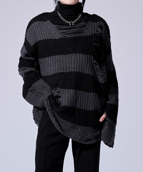 Ellno Loset(エルノロゼット)の「ダメージゆるボーダーニット(ニット/セーター・メンズ・オフホワイト/グレー・SMALL/LARGE/MEDIUM)」の8枚目の写真