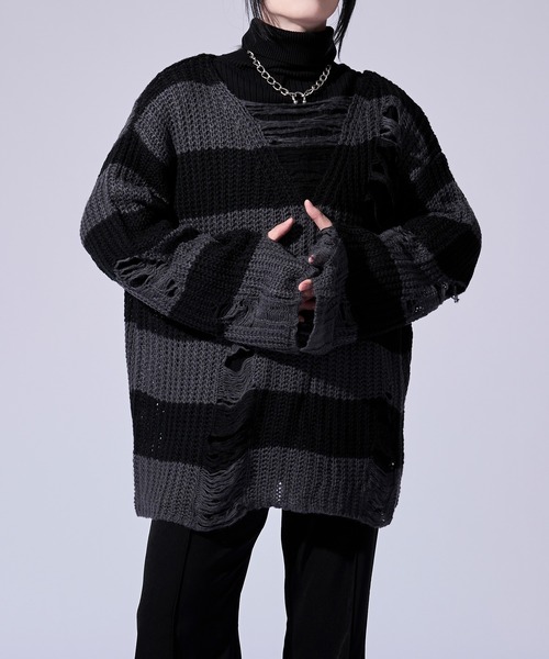 Ellno Loset(エルノロゼット)の「ダメージゆるボーダーニット(ニット/セーター・メンズ・オフホワイト/グレー・SMALL/LARGE/MEDIUM)」の9枚目の写真