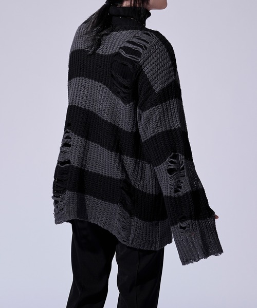 Ellno Loset(エルノロゼット)の「ダメージゆるボーダーニット(ニット/セーター・メンズ・オフホワイト/グレー・SMALL/LARGE/MEDIUM)」の11枚目の写真