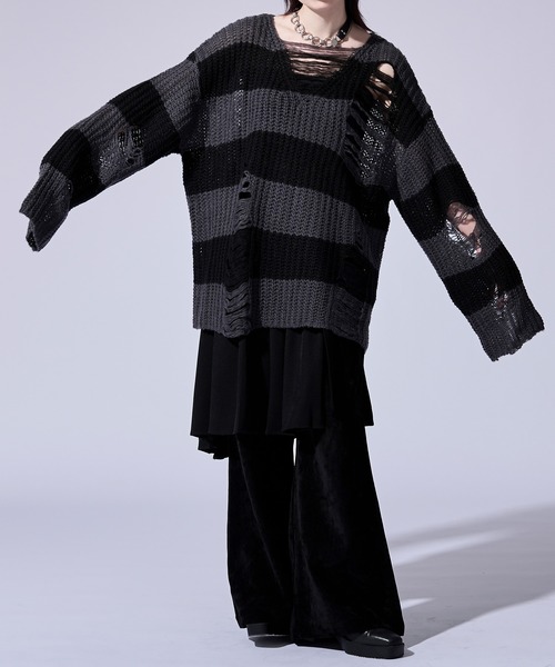 Ellno Loset(エルノロゼット)の「ダメージゆるボーダーニット(ニット/セーター・メンズ・オフホワイト/グレー・SMALL/LARGE/MEDIUM)」の4枚目の写真